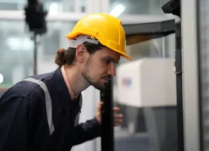 Engineer inspecting machinery with a concerned look