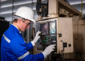 Technician calibrating industrial equipment using precision calipers

