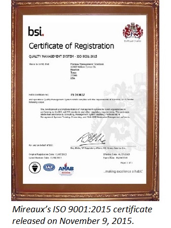 Mireaux's ISO 9001:2015 Certificate