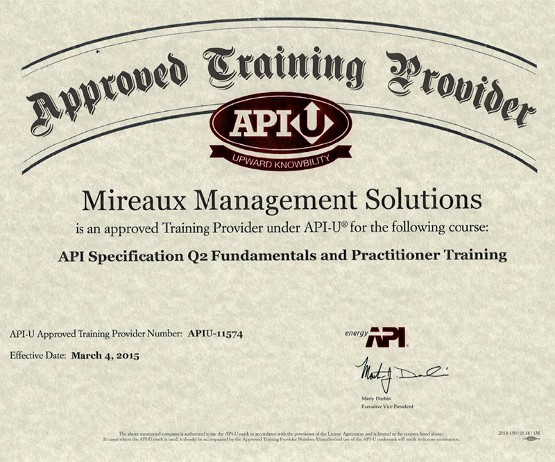 Certificate: Mireaux Management Solutions | API-U approved training provider
