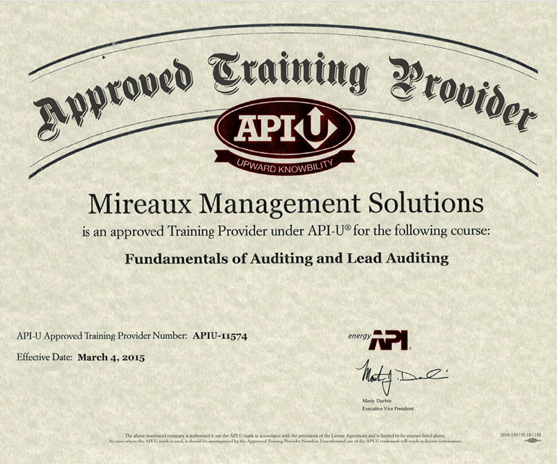 Certificate: Mireaux Management Solutions is an API-U approved training provider