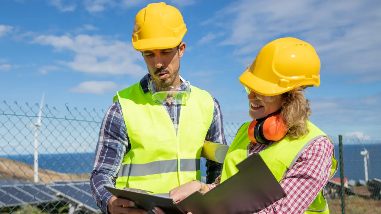 HSE personnel in PPE (helmets, vests) discussing documents on-site.
