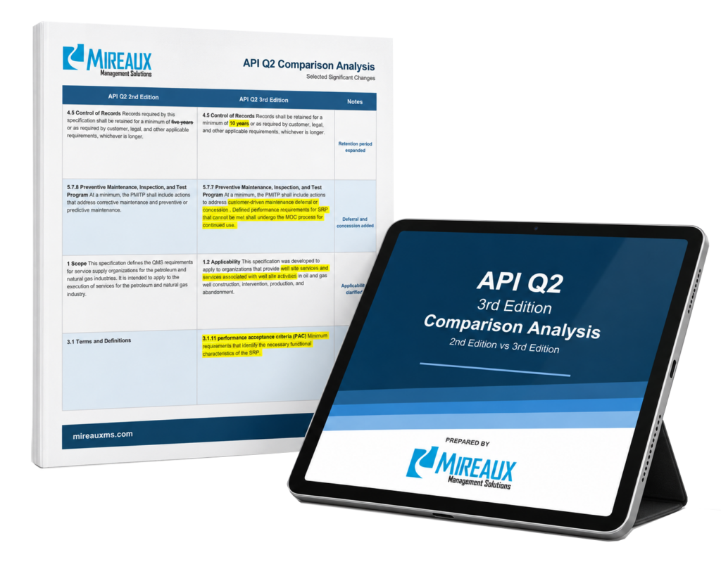 API Q2 second and third edition comparison shown as a report and tablet