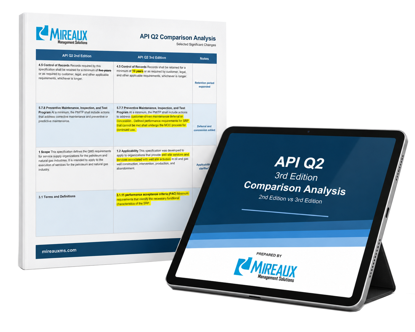 API Q2 second and third edition comparison shown as a report and tablet