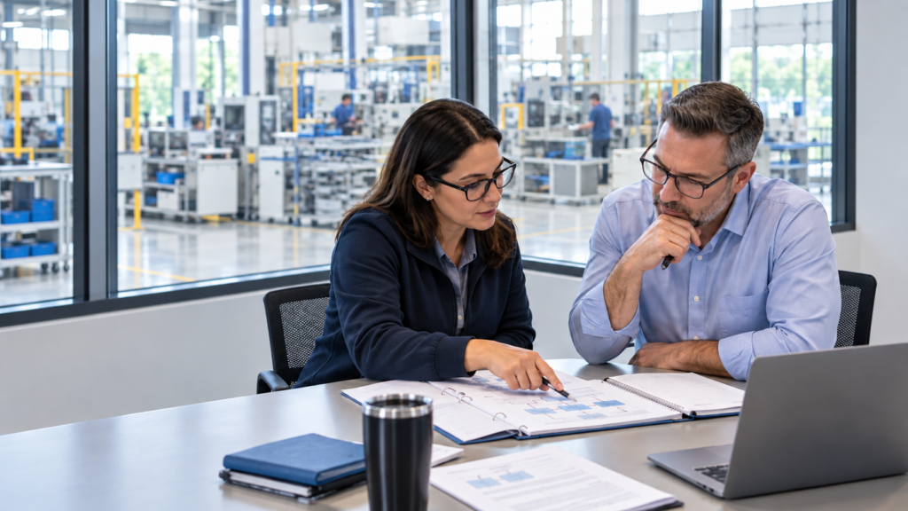 Two quality professionals review process documents beside a manufacturing facility.