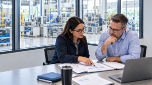 Two quality professionals review process documents beside a manufacturing facility.