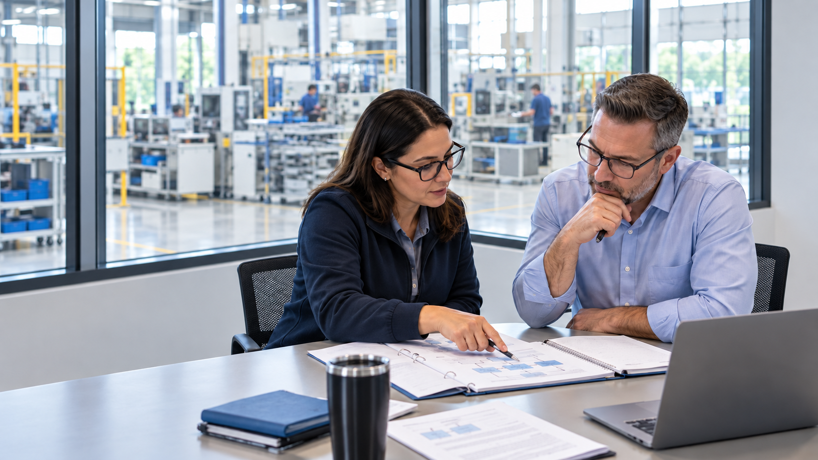 Two quality professionals review process documents beside a manufacturing facility.