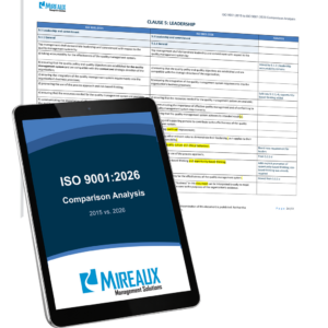 Mireaux ISO 9001:2026 versus ISO 9001:2015 comparison analysis on a tablet beside an actual highlighted comparison page.