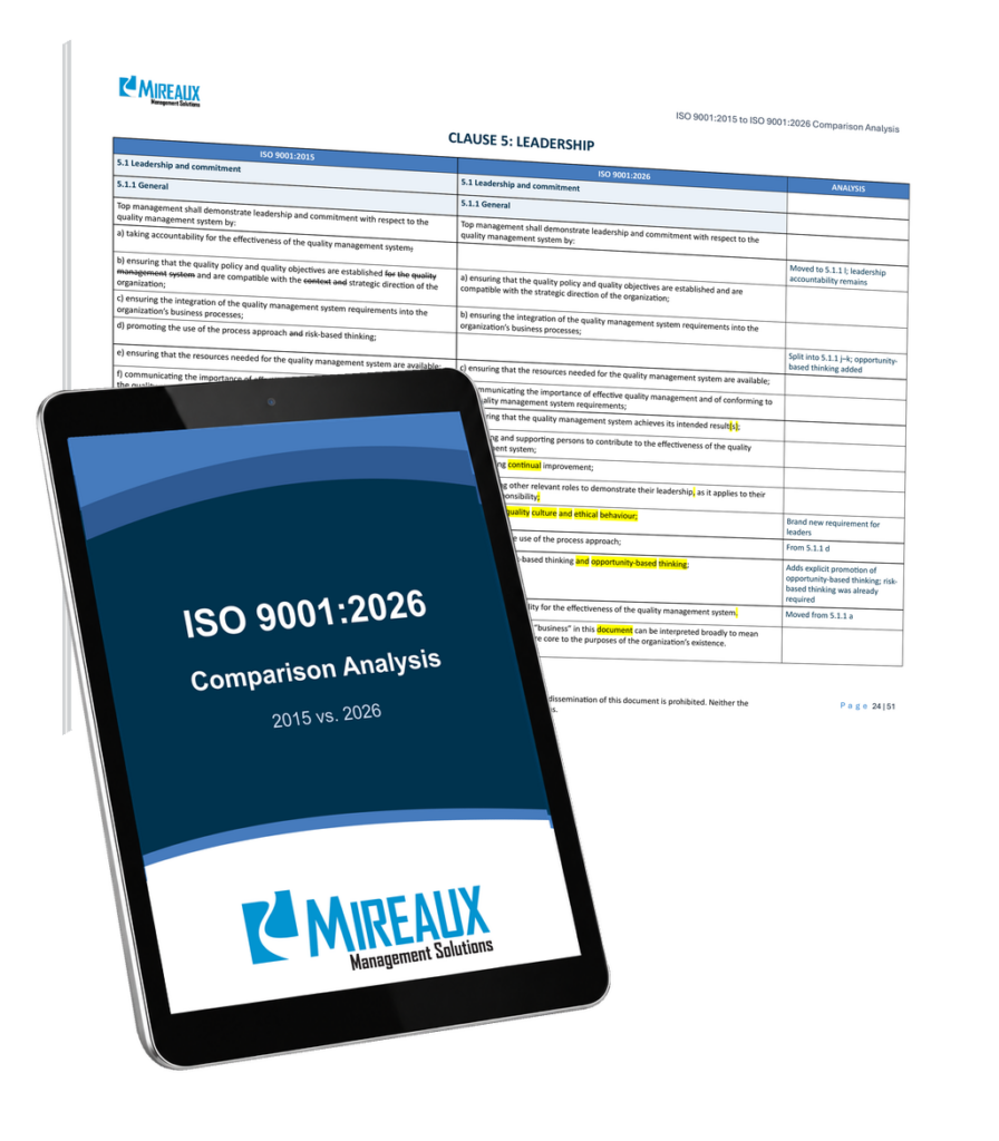 Mireaux ISO 9001:2026 versus ISO 9001:2015 comparison analysis on a tablet beside an actual highlighted comparison page.
