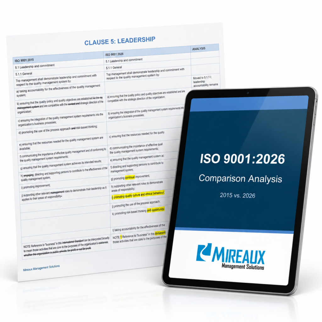Mireaux ISO 9001:2026 versus ISO 9001:2015 comparison analysis shown on a tablet beside a marked-up leadership comparison page.